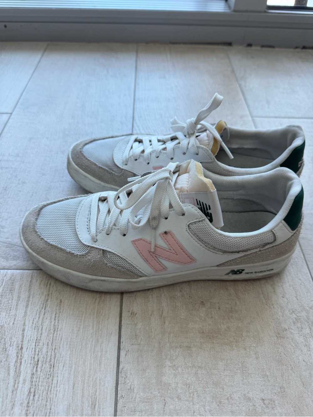 New Balance White Sneakers with Pink N and Green Heel